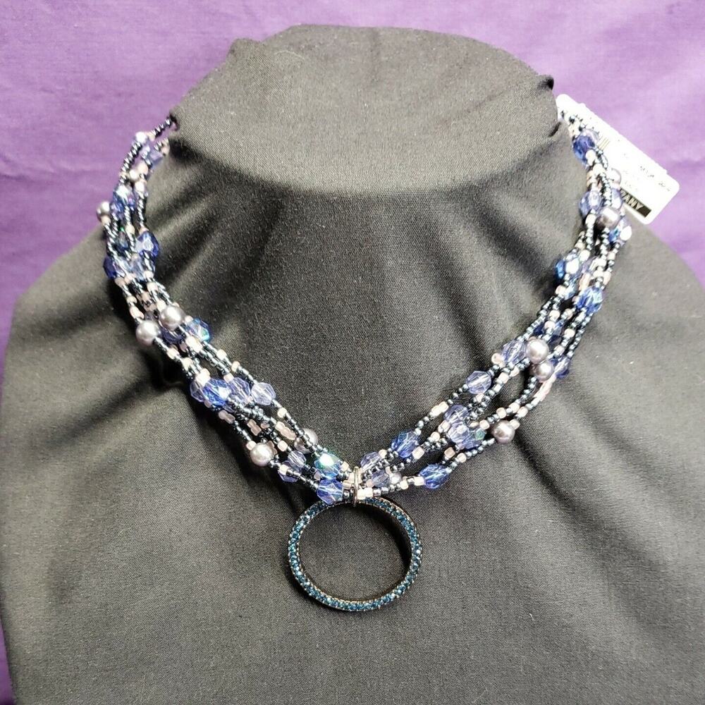 New York And Company Necklace, Multistrand Seed Bead, Rhinestone Pendant w/tags